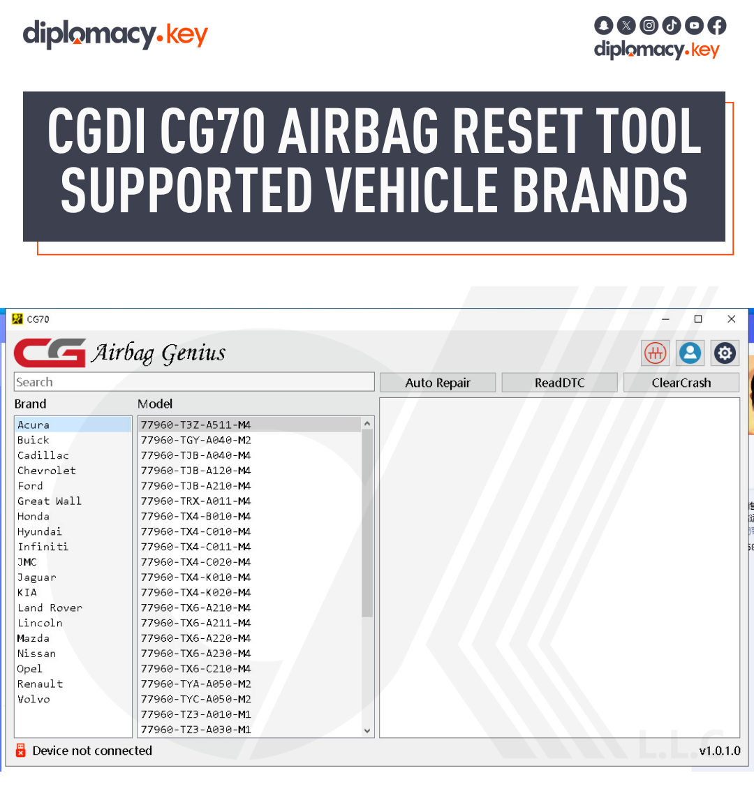 CG70 Airbag Reset Tool Vehicle List
